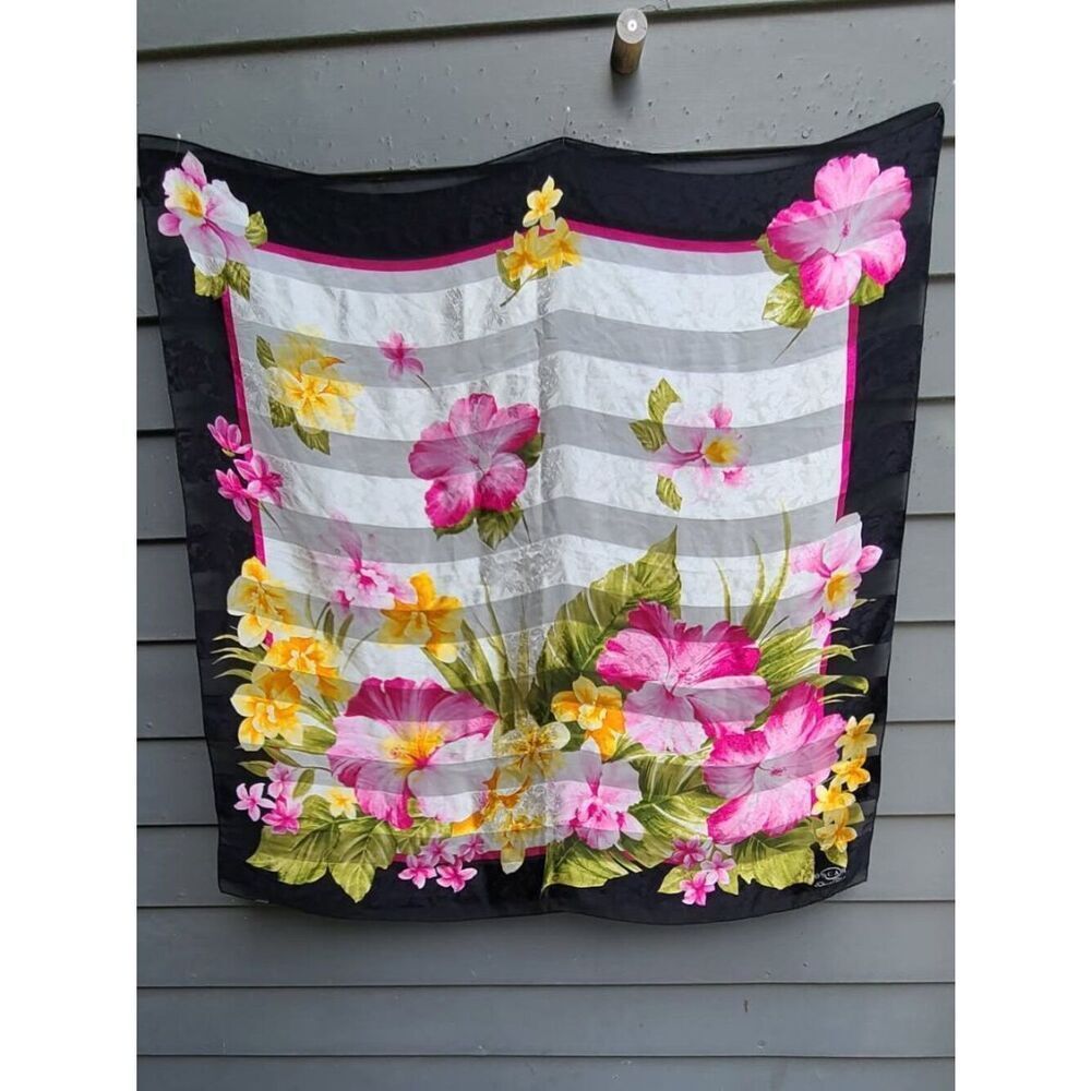 Oscar de la Renta Silk Black White Pink Floral Scarf Semi Sheer